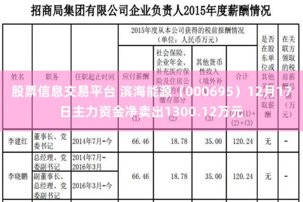 股票信息交易平台 滨海能源（000695）12月17日主力资金净卖出1300.12万元